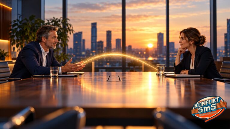 Führungskraft und Kollegin am Konferenztisch vor Skyline im Sonnenuntergang, zwischen ihnen ein leuchtender Bogen als goldene Brücke