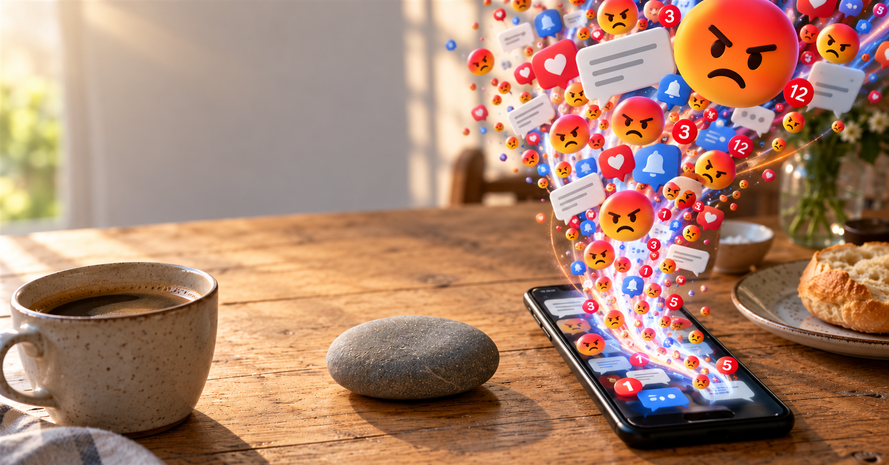Frühstückstisch im Morgenlicht mit Kaffeetasse und Frühstücksei. In der Mitte liegt ein glatter grauer Kieselstein, daneben ein Smartphone mit überquellenden Benachrichtigungen und einem wütenden Emoji.