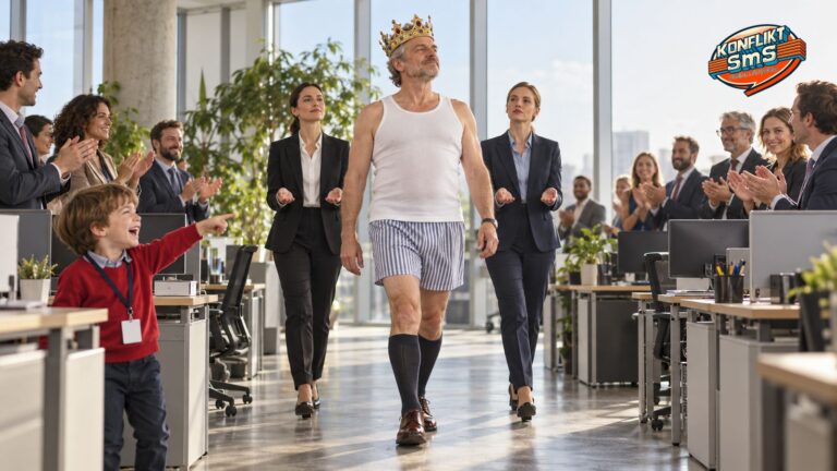 Ein Chef mit Krone, weißem Unterhemd, gestreiften Boxershorts und Kniestrümpfen schreitet stolz durch ein helles Großraumbüro. Zwei Mitarbeiterinnen im Hosenanzug begleiten ihn, die Belegschaft applaudiert, nur ein Junge im roten Pullover zeigt lachend auf ihn.