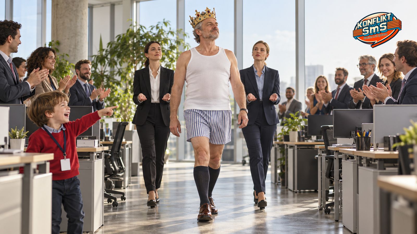 Ein Chef mit Krone, weißem Unterhemd, gestreiften Boxershorts und Kniestrümpfen schreitet stolz durch ein helles Großraumbüro. Zwei Mitarbeiterinnen im Hosenanzug begleiten ihn, die Belegschaft applaudiert, nur ein Junge im roten Pullover zeigt lachend auf ihn.